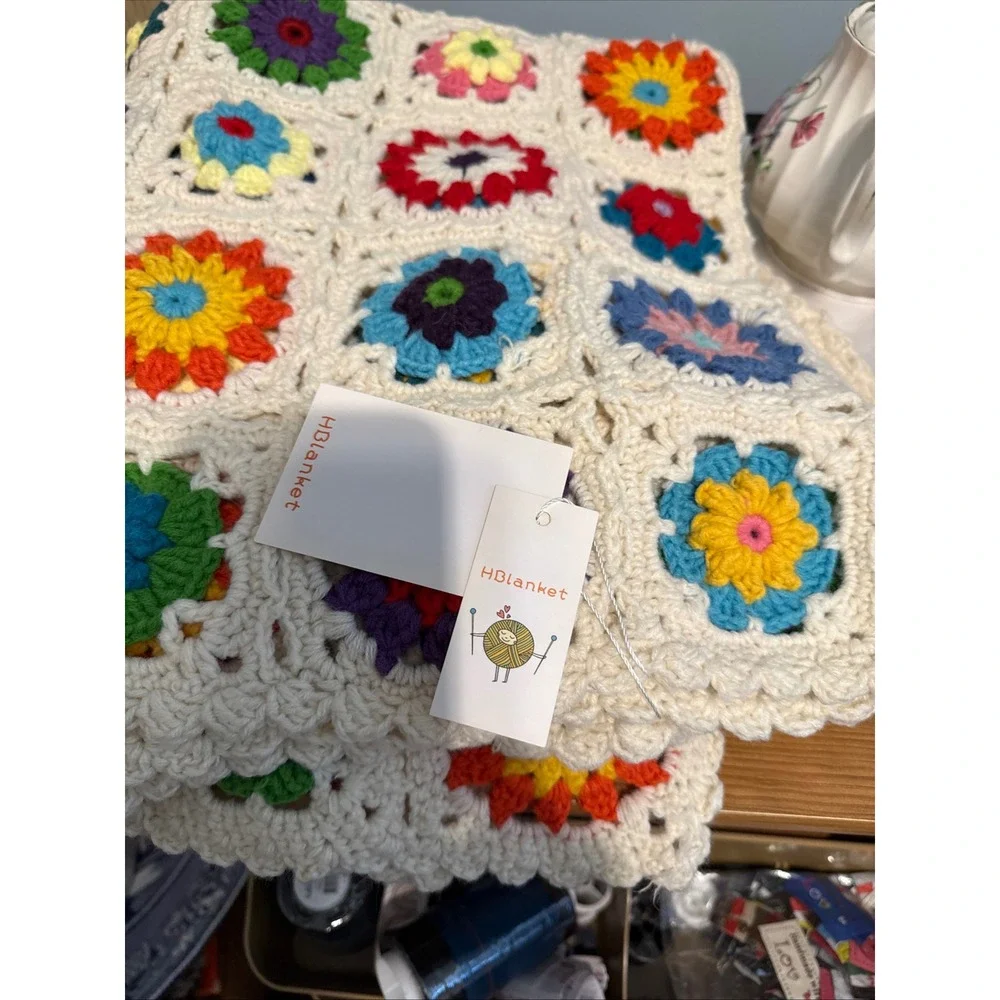 HBlanket Crochet Floral Granny Square Throw Blanket Multicolor Boho Cream NEW
